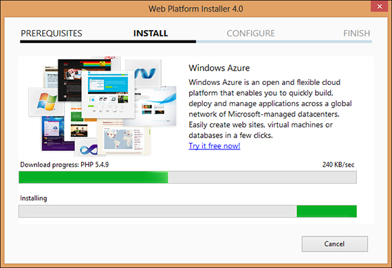 Screenshot of the Install page of Web Platform Installer after clicking I Accept button.