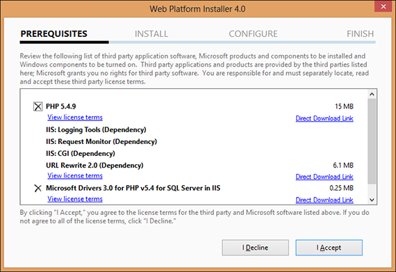 Screenshot of the Prerequisites page of Web Platform Installer after clicking Install button.