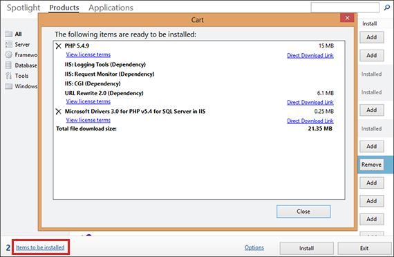 Screenshot of the Items to be installed option in Web Platform Installer window.