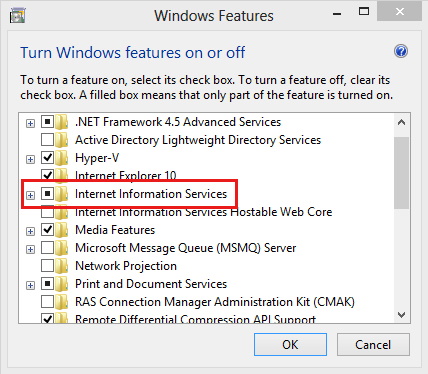Screenshot of Internet information services in the Windows Features dialog.