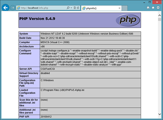 Screenshot of the PHP version 5.4.9 details page.