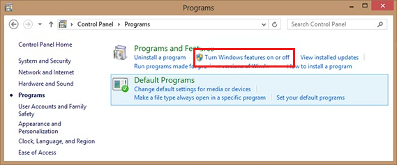 Screenshot of Turn Windows features on or off option in the Control Panel page.