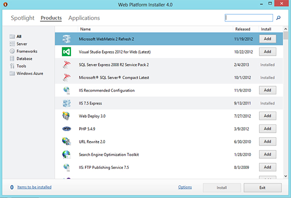 Screenshot of the Web Platform Installer window.