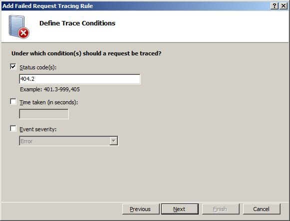 Screenshot that shows the Define Trace Conditions page. Status code is selected with 404 dot 2 in the Status code field.