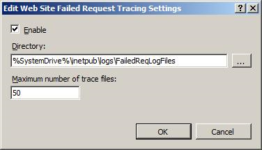 Screenshot that shows the Edit Web Site Failed Request Tracing Settings dialog box, with Enable selected.