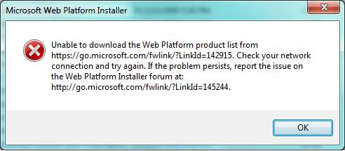 Screenshot that shows the Microsoft Web Platform Installer dialog box displaying an error message.