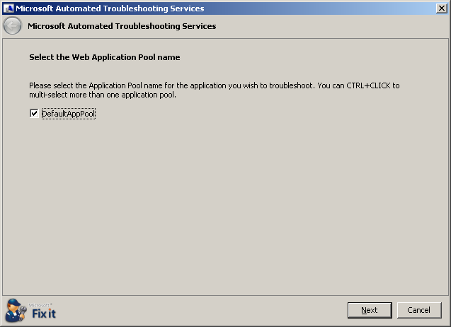 Select the Application Pool name for the application you wish to troubleshoot.