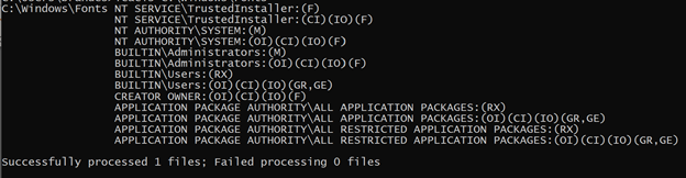 Screenshot to check the default permissions in the Command Prompt window.