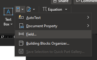 Screenshot to select Quick Parts and then select the Field item.