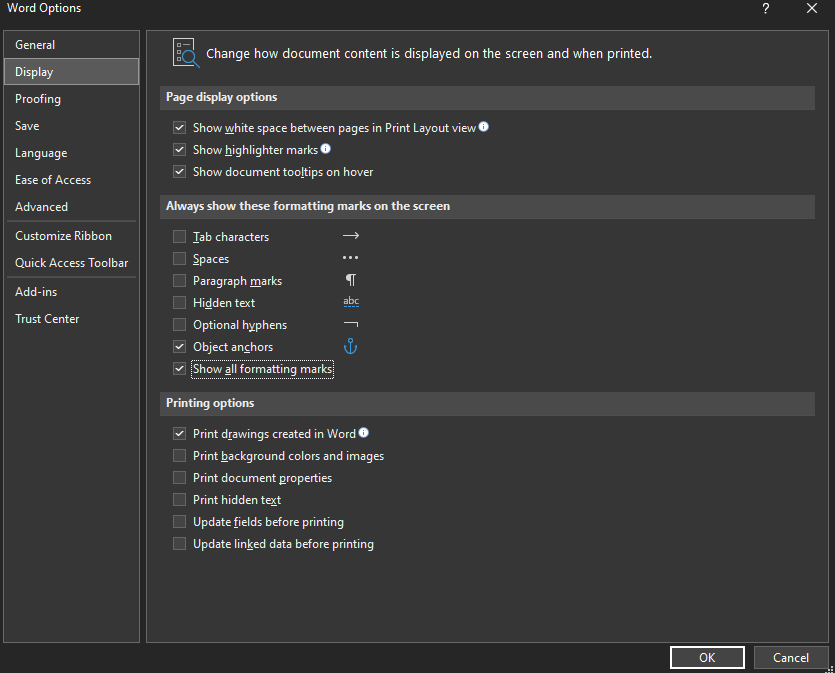 Screenshot to select the Show all formatting marks check box and then select OK.