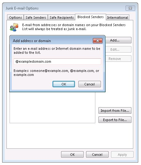 Screenshot of the Blocked sender Add dialog box.