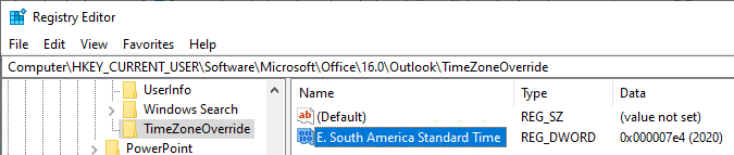 Screenshot of the TimeZoneOverride registry key setting.