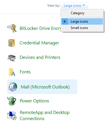 Screenshot of Control Panel window in Large icons view.