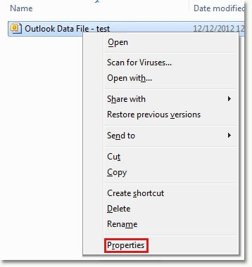 Screenshot of the properties option on the right-click menu of the PST file.