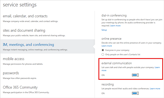 Screenshot that shows the external communications option set to ON.