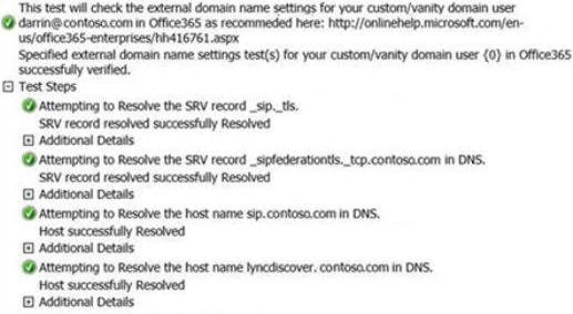 Screenshot that shows the result of the Vanity Domain Name Settings Test for Lync.