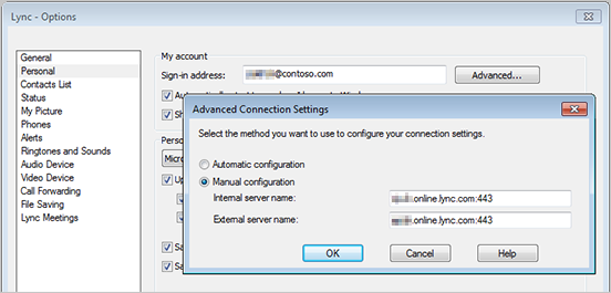 Screenshot that shows the Manual configuration option selected in the Advanced Connection Settings window.