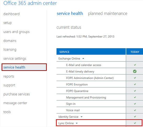 Screenshot that shows the Lync Online service tab and service status on the service health page.