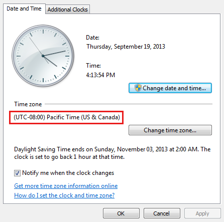 Screenshot that shows the where to check the U T C information in the Date and Time tab.