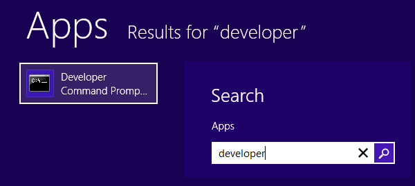Type developer on the search box to find Developer Command Prompt.