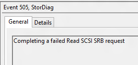Screenshot of the General tab of Event 505, StorDiag.