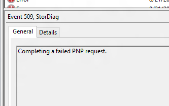 Screenshot of the General tab of Event 509, StorDiag.