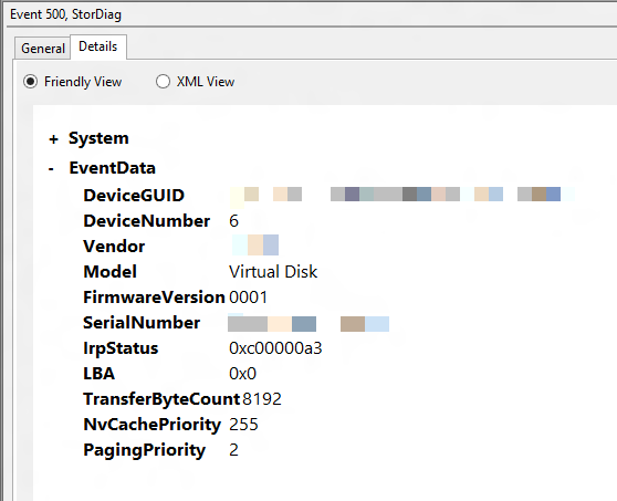 Screenshot of the Details tab of Event 500, StorDiag.
