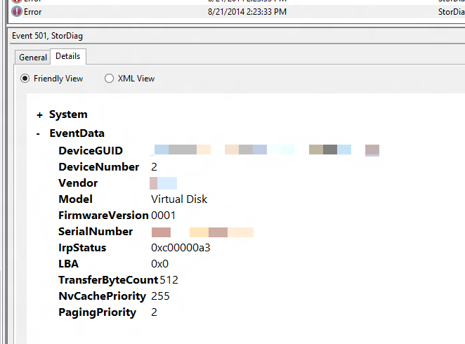 Screenshot of the Details tab of Event 501, StorDiag.
