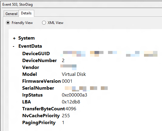 Screenshot of the Details tab of Event 503, StorDiag.
