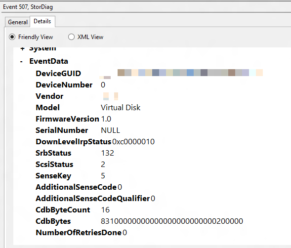 Screenshot of the Details tab of Event 507, StorDiag.