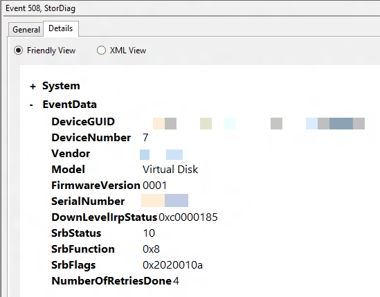 Screenshot of the Details tab of Event 508, StorDiag.