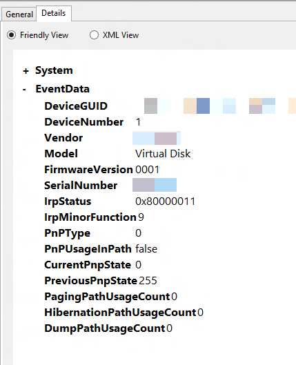 Screenshot of the Details tab of Event 509, StorDiag.