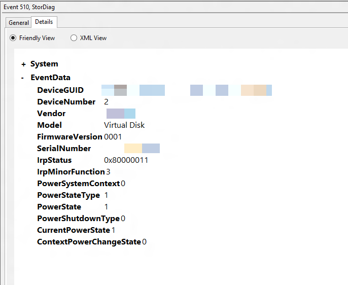 Screenshot of the Details tab of Event 510, StorDiag.