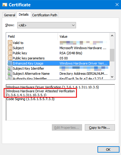 Screenshot of the Certificate window with the Details tab opened, which shows the value of the Enhanced Key Usage.