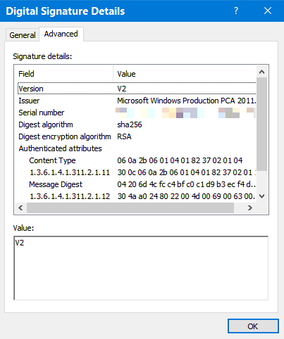 Screenshot of the Digital Signatures Details window, which shows the Advanced information.