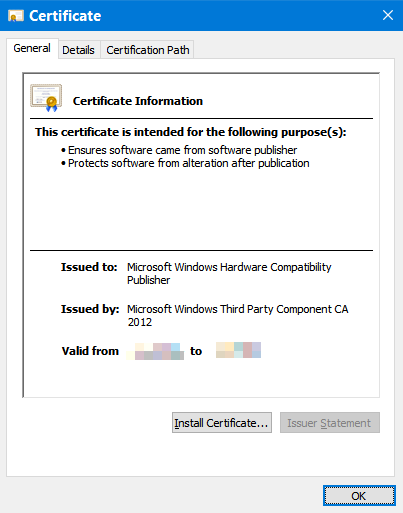 Screenshot of the Certificate window with the Certificate Information in the General tab.