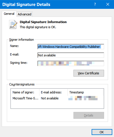 Screenshot of the Digital Signatures Details window with the General tab opened, in which you can select the View Certificate button.