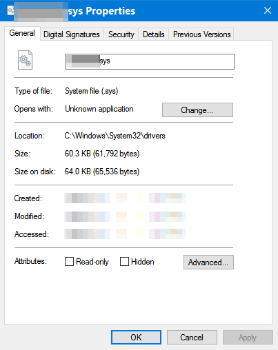 Screenshot of the driver's Properties window, which shows the General tab information.