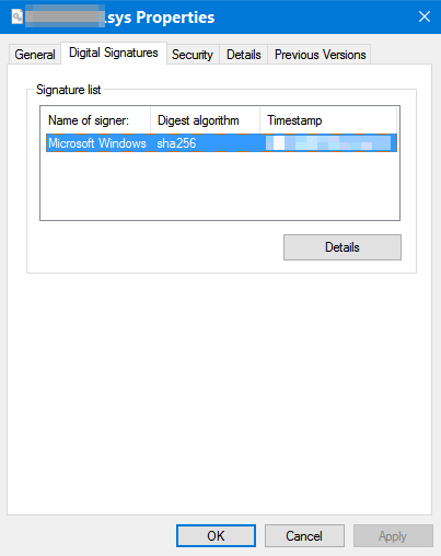 Screenshot of the driver's Properties window, which shows the Digital Signatures tab information.