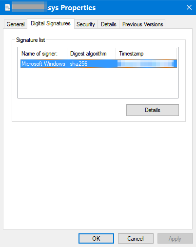 Screenshot of the Digital Signatures tab of the driver's Properties window, which shows a Microsoft entry.