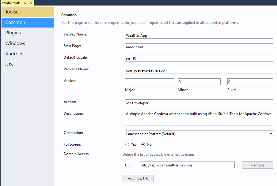 Visual Studio Cordova config.xml Editor