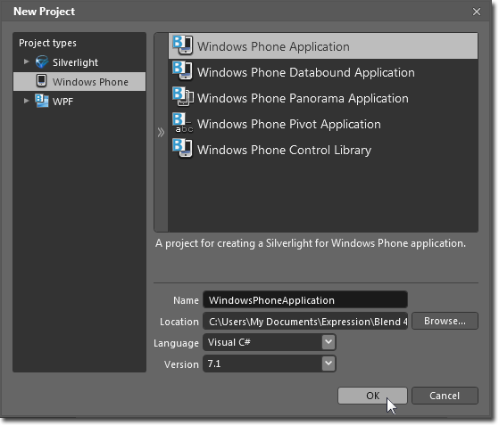 Create new Windows Phone project dialog