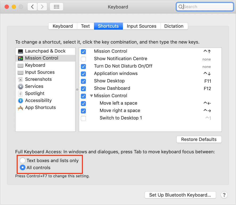 Screenshot of Keyboard options, with All controls selected