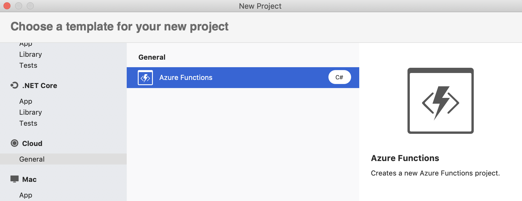 New Project dialog showing Azure Functions option
