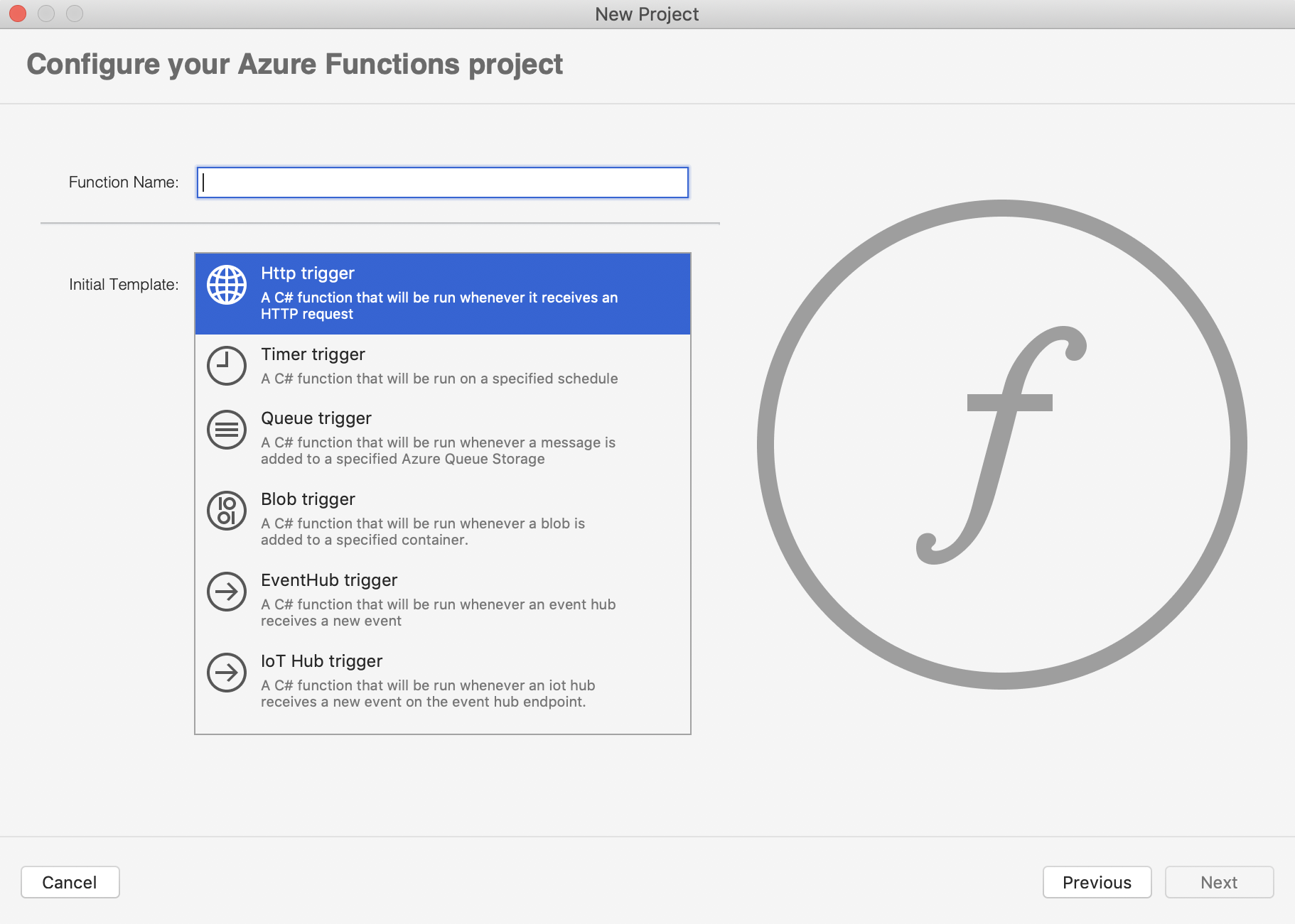 New Project dialog showing Azure Functions templates