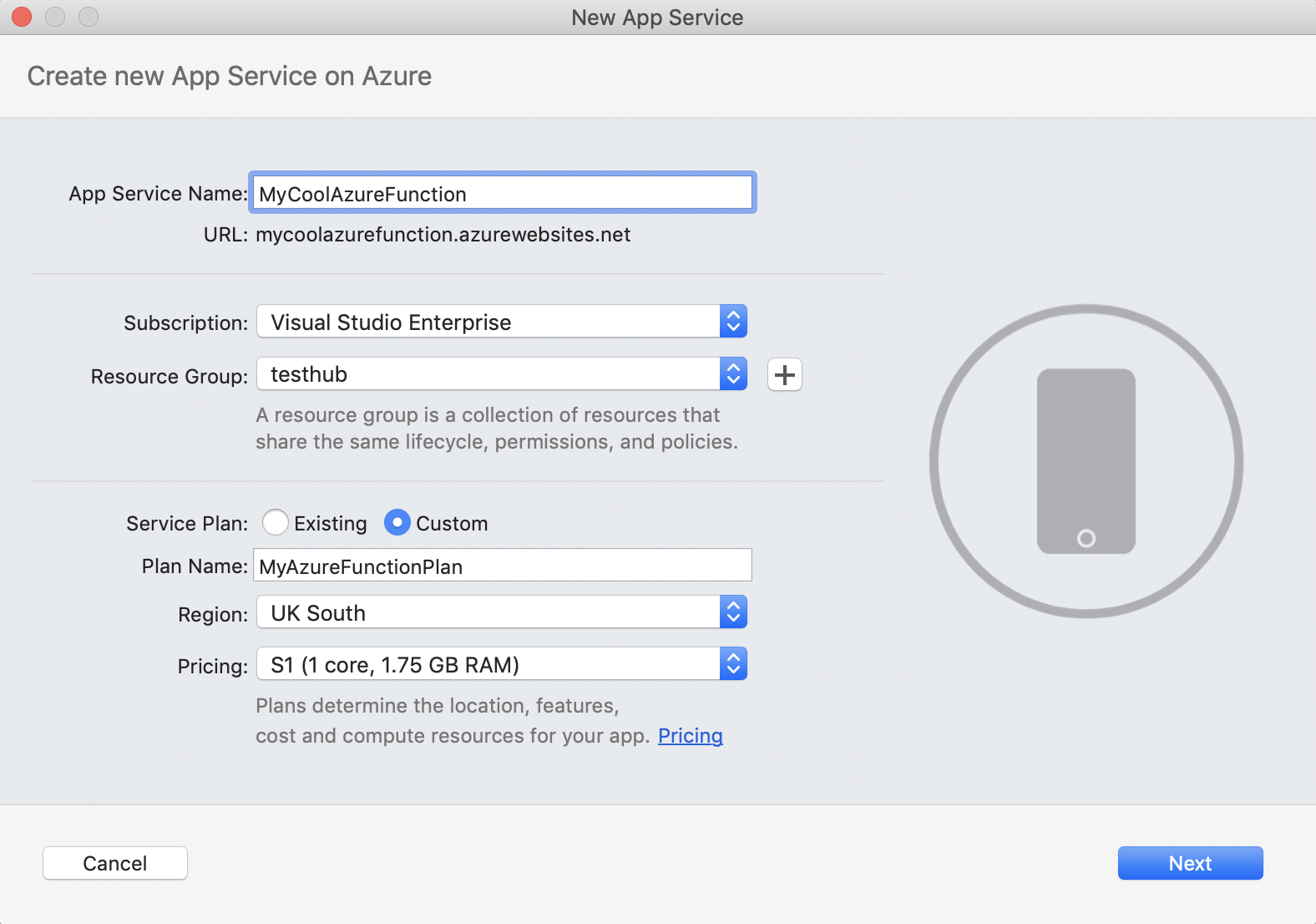 New App Service dialog, with fields for service name, subscription, resource group, and service plan settings.
