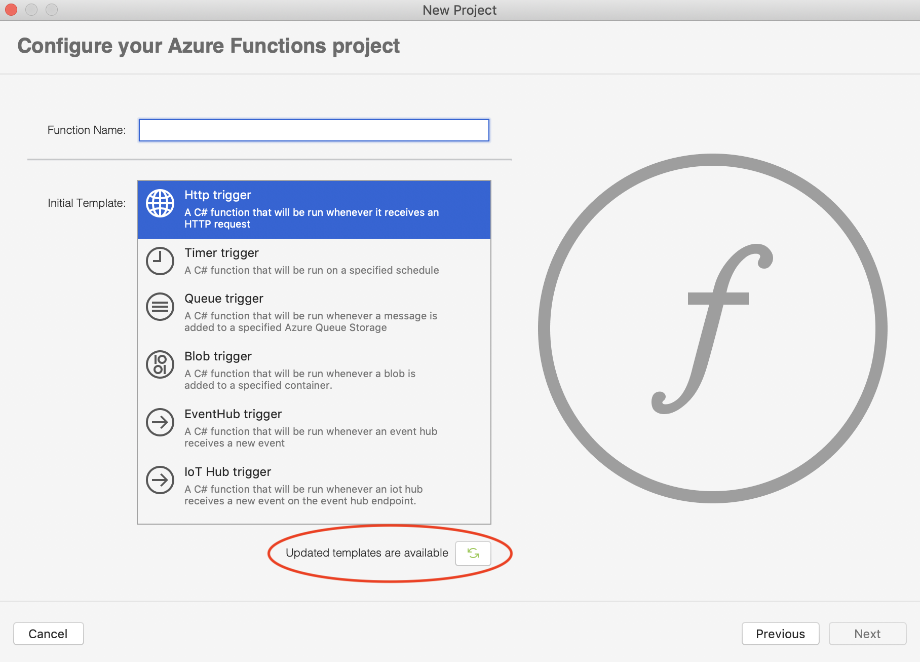 New project dialog showing Azure Functions updates are available