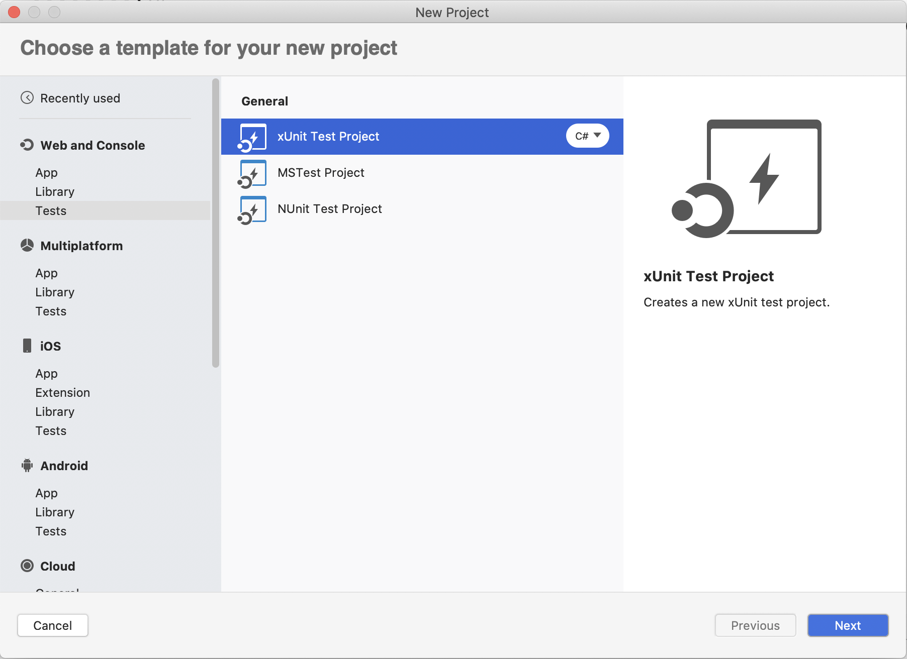 New project dialog with Web and Console > Tests section selected, showing xUnit, MSTest, and NUnit projects