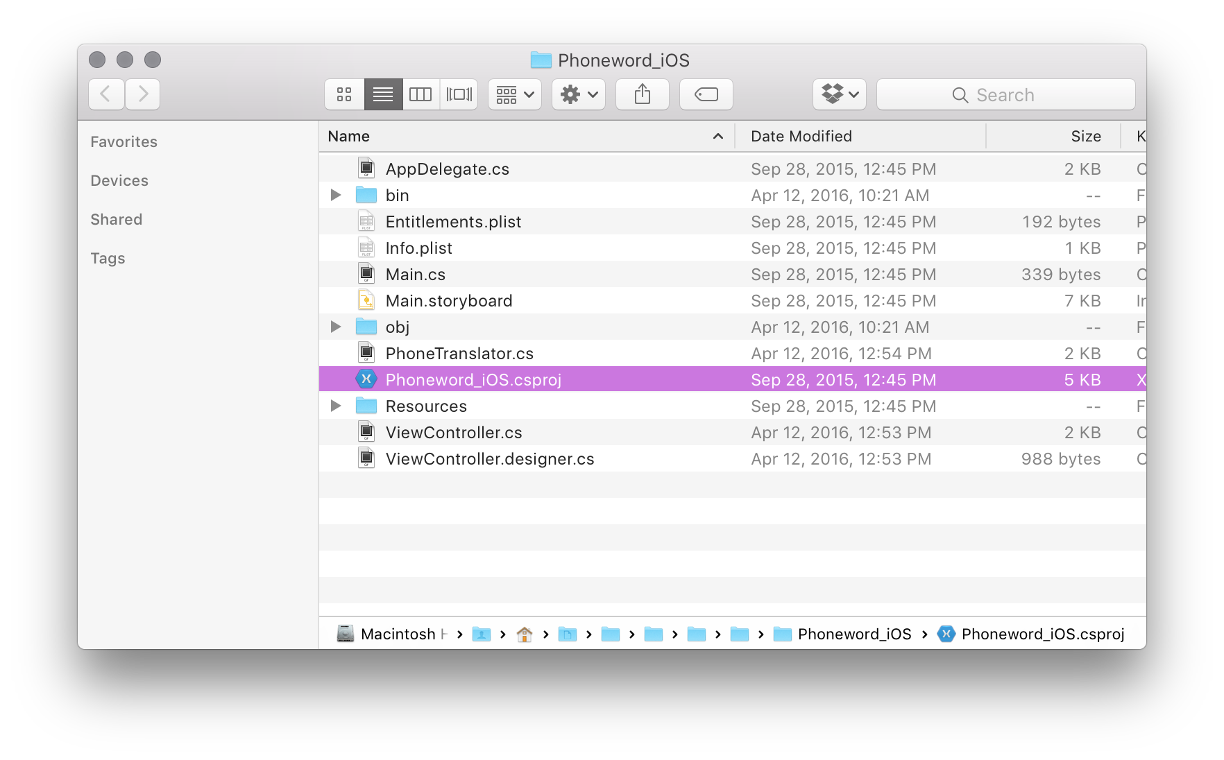 csproj location in Finder