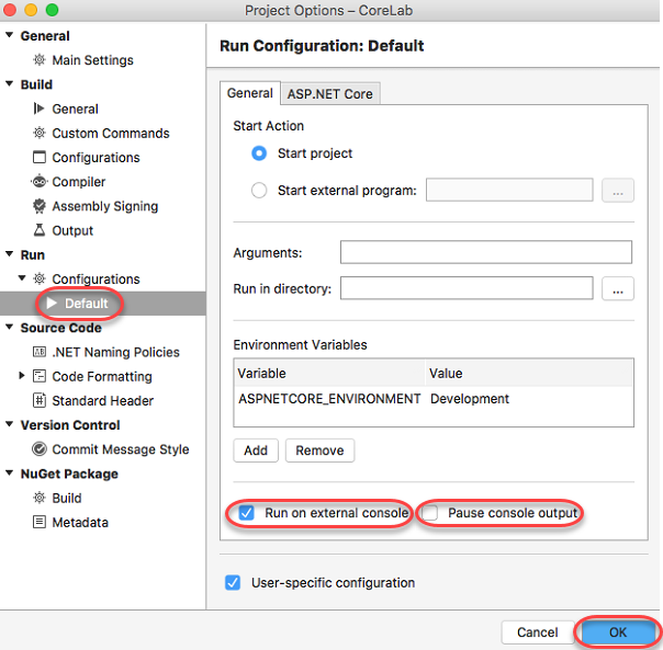 Screenshot showing the Run Configuration General tab, with Run on external console selected and Pause console output not selected.